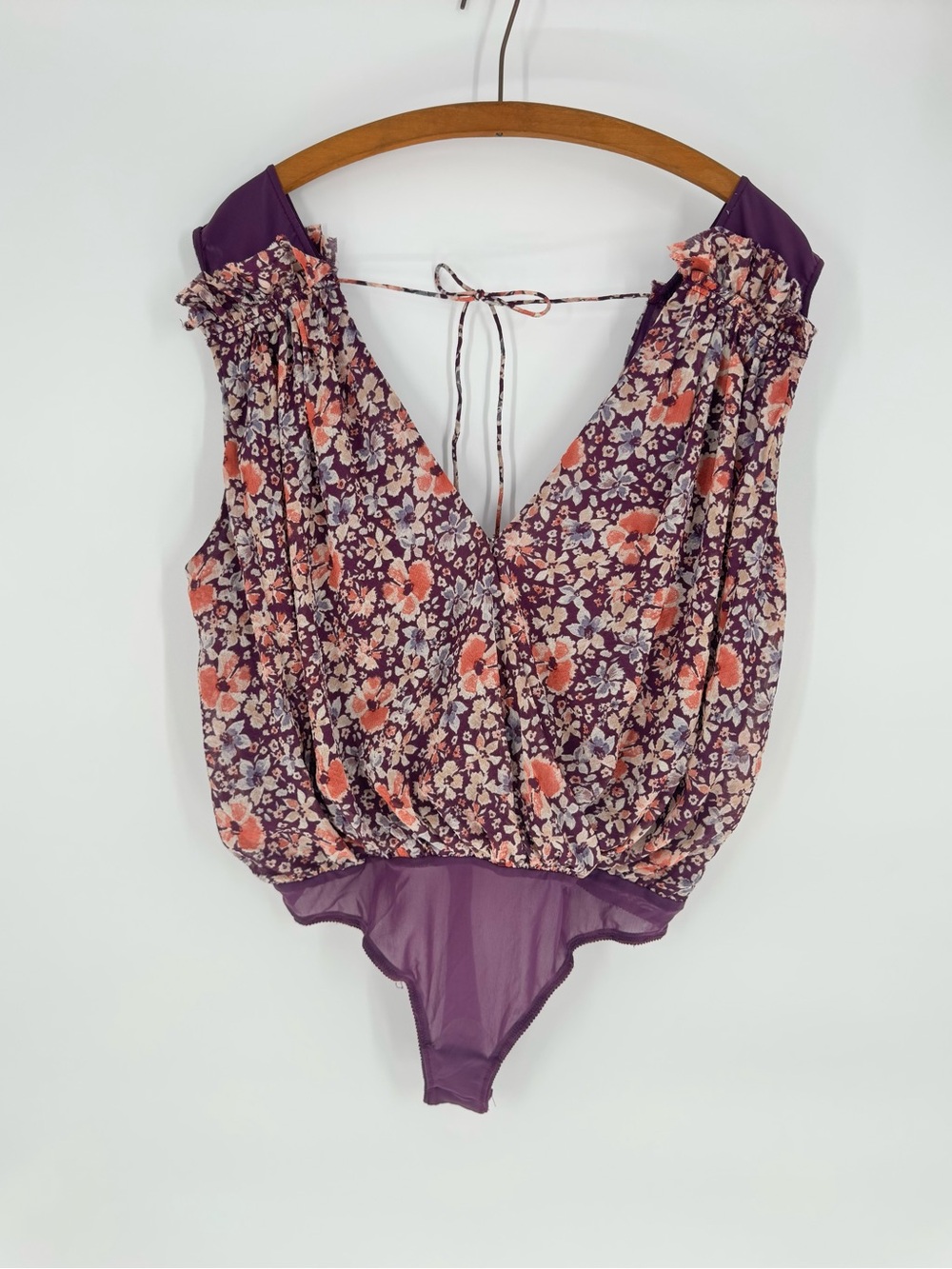 NWT Free People Floral Print Plunge Neck Ruffle Bodysuit Purple Festival Boho